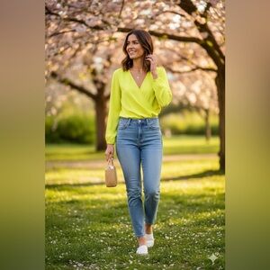 Banana Republic Neon Yellow - Green Long Sleeve Wrap Blouse